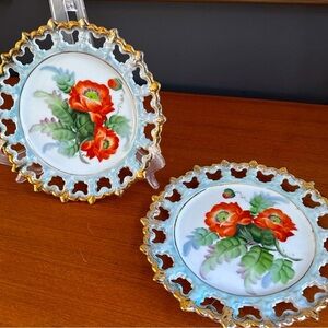 Napco Vintage Set Of 2 Reticulated Hand Painted Decorative Wall Plate 8” Poppies